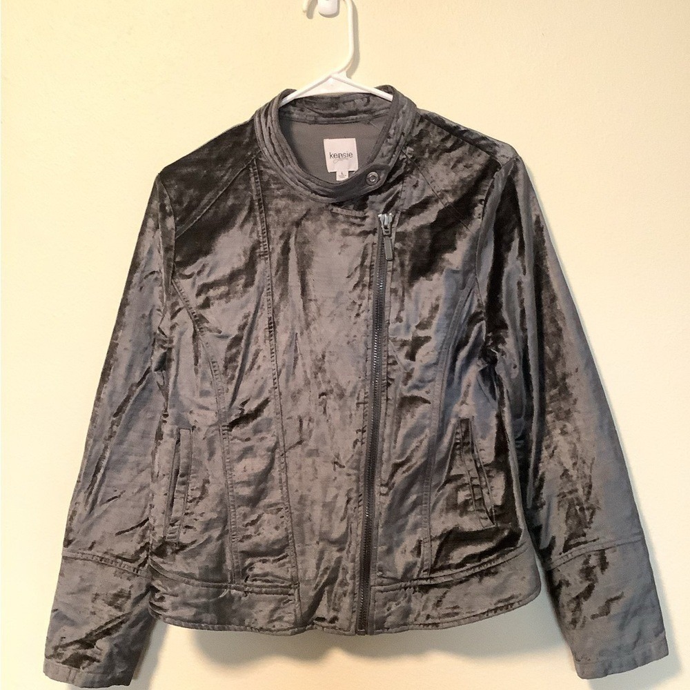 Kensie Jeans Gray Velvet Moto Jacket Womens Large‎ Asymmetrical Zip Biker Coat
